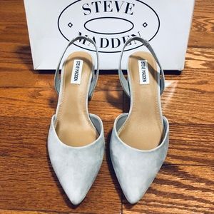 Grey Suede Slingback Square Heel Pointy Pumps
